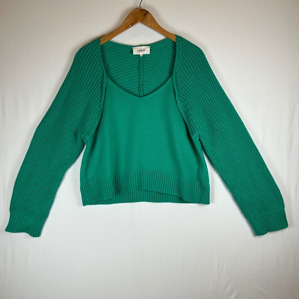 ba&sh Lady Pullover Emerald Green Wool Cotton Layered Knit Sweater US 6